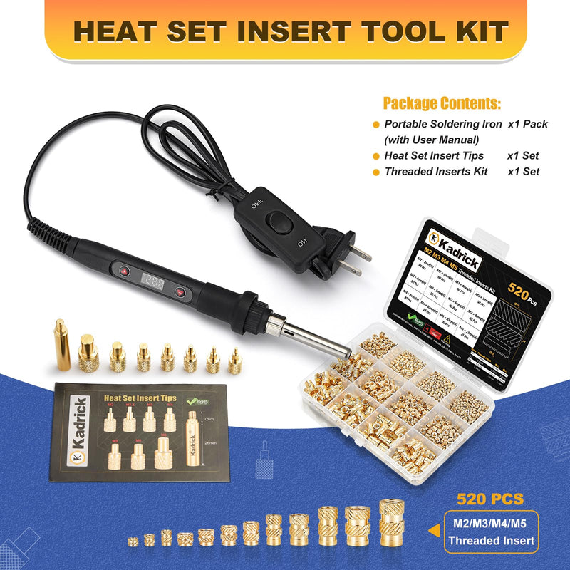 Professional Heat Set Insert Tool Kit: 80W Soldering Iron Heat Insert Tool with 520pcs Brass Inserts & Heat Set Insert Tips (M2-M8) for 3D Printing Tools + 520Pcs Heat Inserts