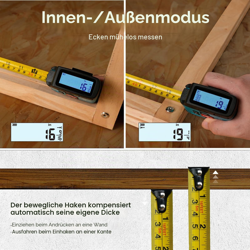 ACPOTEL DT20 Digital Tape Measure 5M, Yellow & Rechargeable Meter | 6 metric and imperial units, adjustable retractable digital measuring tape, break display 1/16 (version without laser)