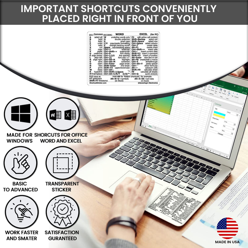 Synerlogic Word/Excel Windows Shortcut Sticker | Reference Guide Keyboard Shortcut Sticker | Work from Home Essentials | Excel Shortcuts Cheat Sheet Laminated & No-Residue Vinyl (Clear/Small, 1pc) 1 Clear