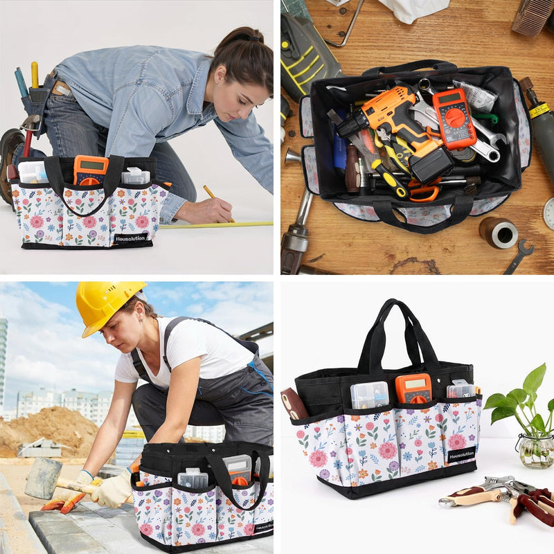 Housolution Gardening Tote Bag, Deluxe Garden Tool Storage Bag and Home Organizer with Pockets, Wear-Resistant & Reusable, 14 Inch, White Floral