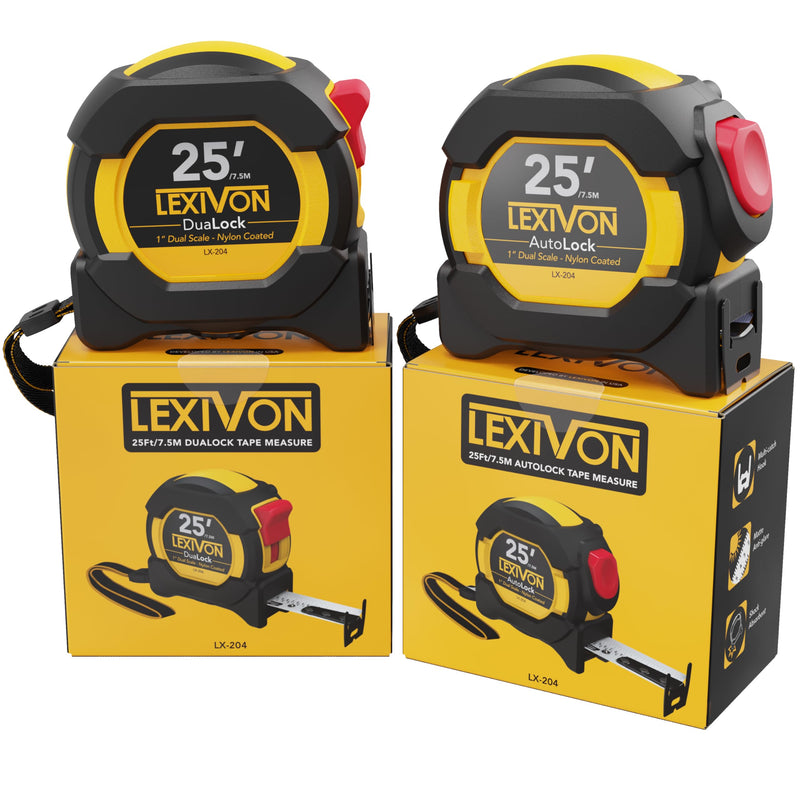 LEXIVON [2-Pack] 25Ft/7.5m Tape Measure, DuaLock & AutoLock | 1-Inch Wide Blade with Nylon Coating, Matt Finish White & Yellow Dual Sided Rule Print | Ft/Inch/Fractions/Metric (LX-204) 2PK-25FT DuaLock & AutoLock