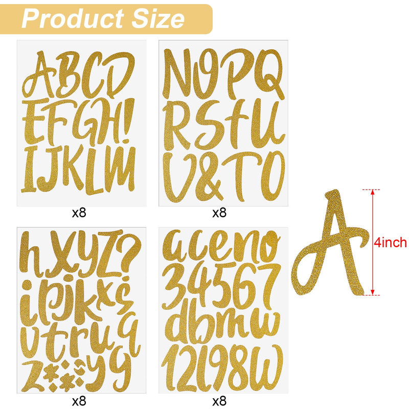 Outus 576 Pcs 8 Sheets Glitter Letters Stickers Vinyl Alphabet Number Decals Back to School Supplies for Water Bottles Cups Mailbox Scrapbooking Bulletin Board Classroom Decor(4 Inch,Gold) Gold 4 Inch