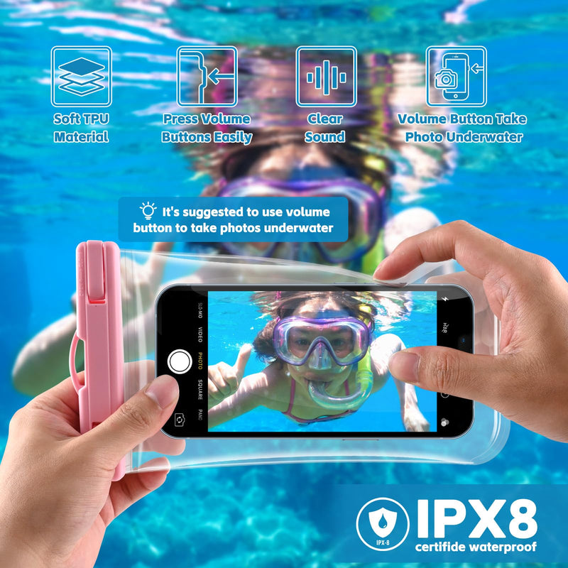 [2 Pack] Waterproof Phone Pouch/Case - IPX8 Large Cell Phone Dry Bag Beach Travel Essentials with Detachable Lanyard for iPhone 15/14/13 Pro Max/ S24 Up to 8.3”- [3D DESIGN] - Black & Pink