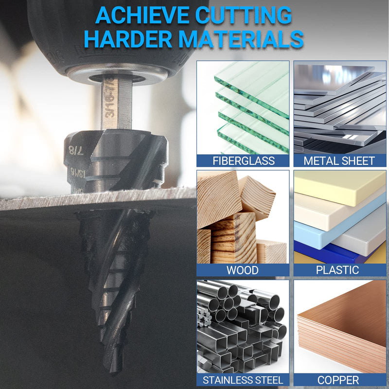 MABLEVI M35 Four Spiral Flute Cobalt Step Drill Bit Set 1/8"-7/8", Wear-Resistant TiAlN Coated 1/4" Hex Shank Unibit Step Bit for Metal, Stainless Steel, Aluminum, Wood, Plastic（3Pcs） 1/8"-7/8" (3PCS)