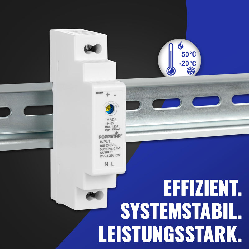 Poppstar DIN rail power supply P-15-12- 12V DC 1.25A 15W (input 100-240V AC 50/60 Hz) 18 * 90 * 58mm 12V DC 1.25A 15W