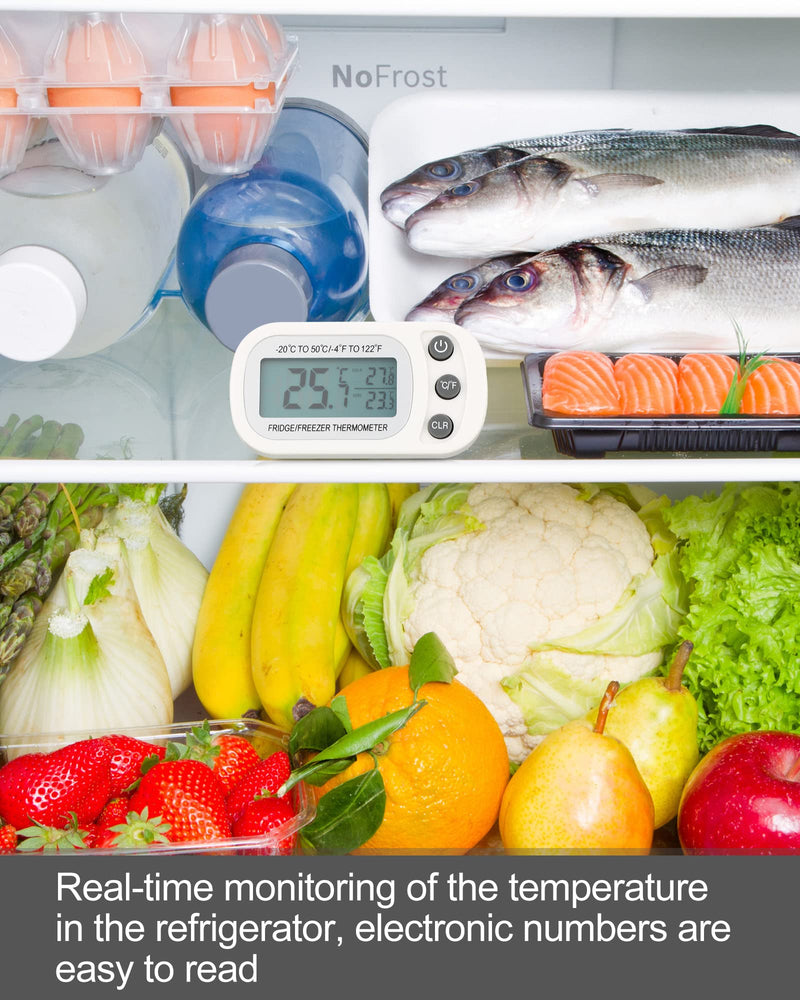 Frienda 8 Pack White Digital Fridge Thermometer Waterproof Refrigerator and Freezer Room Max/min Record Function LCD Screen Refrigerator Thermometer with Hook and Magnetic Back for Home