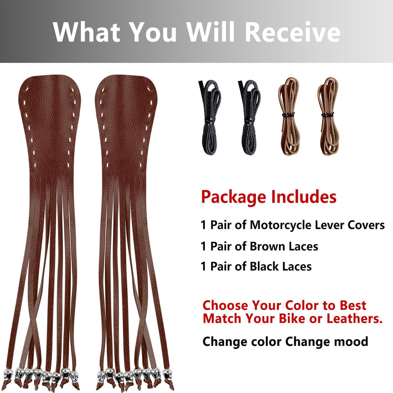 2 PCS Faux Leather Motorcycle Lever Covers with Fringes, Motorcycle Brake Clutch Lever Covers Grip Tassels Motorcycle Handlebar Handle Grip Covers, Fringed Leather Lever Covers Wraps with Skulls Brown & Black Laces*1 & Brown Laces*1