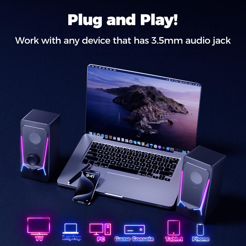 ROSON Computer Speakers, Gaming PC Speakers with Enhanced Bass and Volume Control, Stereo 2.0 USB Powered 3.5mm Aux Multimedia Speakers for Laptop/Desktop/Tablets/Phone