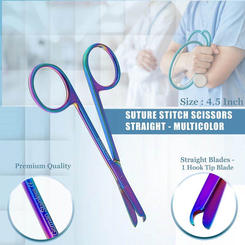 Suture Stitch Scissors with Multi Rainbow Color Titanium Coating- Premium Quality Instrument- Delicate Hook - Stainless Steel - Perfect for Suture Removal, First Aid, EMS Training 4.5"
