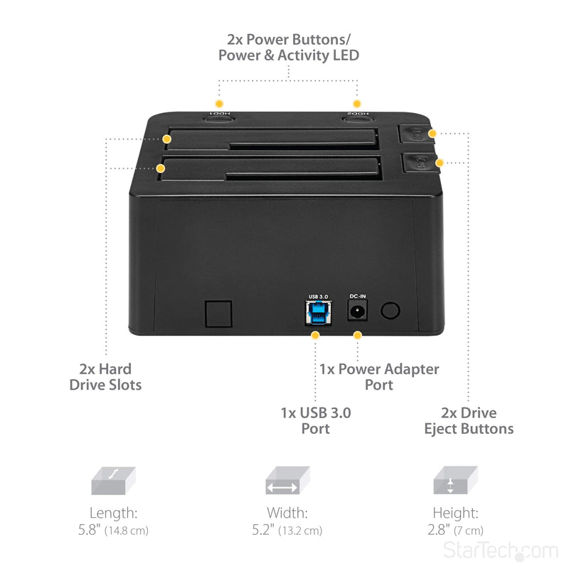 StarTech.com Dual-Bay USB 3.0 To SATA Hard Drive Docking Station, USB Hard Drive Dock, External 2.5/3.5" SATA I/II/III, SSD/HDD Docking Station, Hot-Swap Hard Drive Bay, Top-Loading (SDOCK2U33),Black