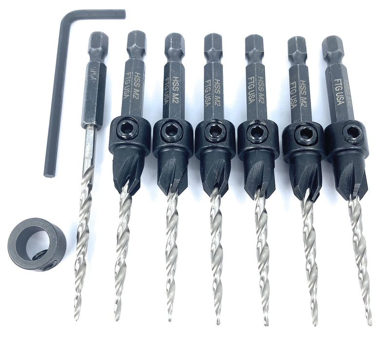 FTG USA Tapered Countersink Drill Bit Set 6 Pc #6 (9/64") Countersink Bit Same Size, 1 Tapered Drill Bit Replacement, Wood Countersink Drill Bits #6 (9/64") 6 Bits w/cutter + 1 Bit w/o cutter