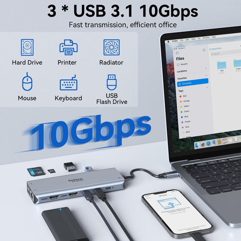 USB C Docking Station Dual Monitor,Selore 13 in 1 USB C Hub 3 Monitors with Dual HDMI,DP,10G USB A/C,100W PD,5 USB A/C Ports,Gigabit Ethernet,Laptop Docking Station for Dell,Hp,Lenovo,MacBook.etc Sliver Gray