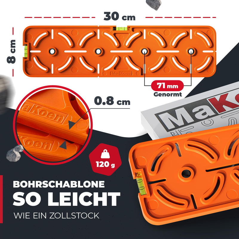 Drilling template for socket switch box flush-mounted box cavity box cavity box 71 mm distance electrician spirit level for electrical installation in shell construction and drywall MaKoen drilling template light Ø8mm - Orange