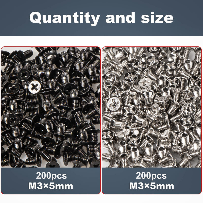 Computer PC Case Screws Hard Drive Screw M3 x 5mm Flat Head Screws Countersunk Phillips Head for 2.5" inch Hard Drive Disk HDD Screws (Black200+Silver200)