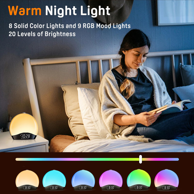 Wake Up Light Sunrise Alarm Clock for Kids, Heavy Sleepers, Bedroom, Bluetooth Speaker Sound Machine with 22 Natural Sounds, White Noise, Dual Alarms, FM Radio, 17 Color Night Lights, Ideal for Gift