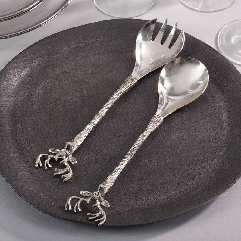 SARO LIFESTYLE SP778.S Reindeer Design Rustic Style Salad Servers - Set of 2, Silver, 6.5" x 14"