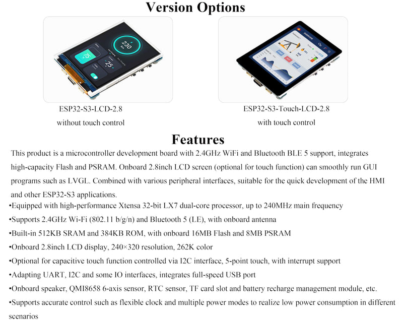 ESP32-S3 2.8inch Display Development Board, Onboard 2.8inch IPS LCD240×320 Resolution, 32-bit LX7 Dual-Core Processor, Up to 240MHz Frequency, Supports WiFi & Bluetooth, with Onboard Antenna