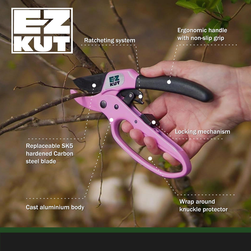 EZ Kut Heavy Duty Pruners Ratchet Hand Pruner with Ratcheting Action Great Garden Hand Tool Clippers Gardening pruners arthritis tools Ratcheting Anvil Hand Pruner Pruning Shears Heavy Duty Since 1988 3130PNK