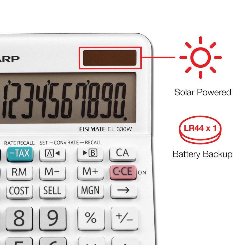 Sharp EL-330WB Standard Function Basic Desktop Calculator, Large Display, For Home and Office, Dual Power, Solar and Battery