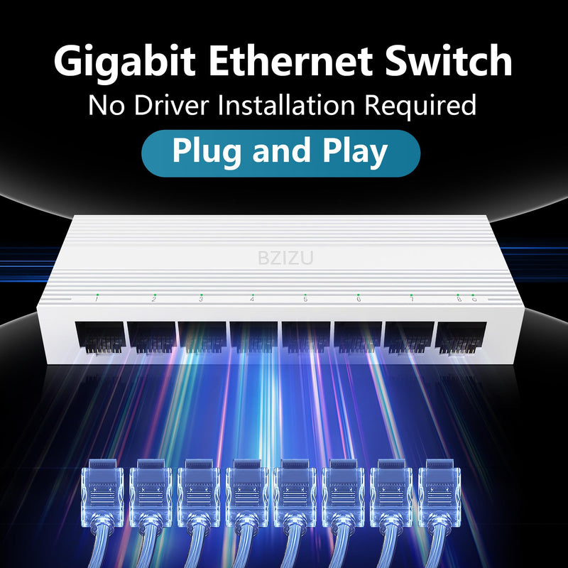 8-Port Gigabit Ethernet Switch, Plug and Play unmanaged Network Splitter, Small Desktop Size, IGMP Support, fanless Silent Design, White Plastic Shell 8-port compact Gigabit switch