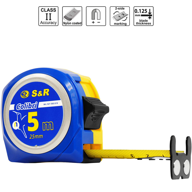 S&R tape measure 5m x 25 mm with magnetic hook, COMPACT and ROBUST, nylon polymer tape measure printed on both sides, belt loop, impact-resistant housing, COLIBRI series, tape measure, ruler, tape measure, roll tape 5m x 25mm