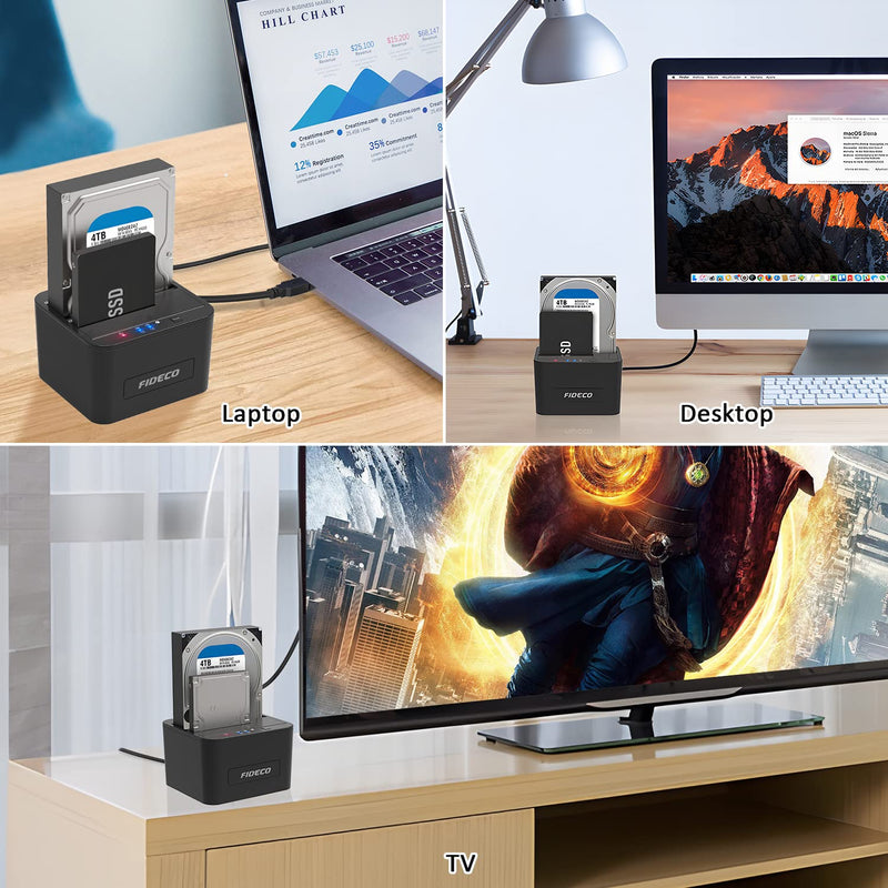 FIDECO Hard Drive Docking Station, USB 3.0 SATA HDD Docking Station for 2.5 & 3.5 inch SATA HDD/SSD, Dual Bay, Support Offline Clone and UASP
