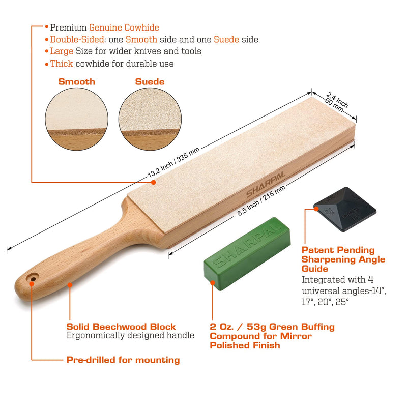 SHARPAL 205H Double Sided Leather Strop (330 x 60mm) Kit with 53g Polishing Paste and Angle Guide, Knife Scraper Block for Sharpening and Honing Knives 205H Leather Strop Set (with Handle)