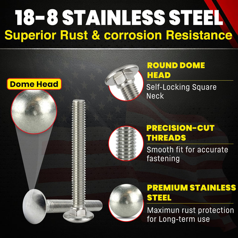Chenango Supply 5/16-18 x 3" Stainless Steel Carriage Bolts – 304 Stainless, USS Coarse Thread, 100,000–125,000 PSI Tensile Strength, Corrosion-Resistant Hardware Bolts, (25 Pieces, 5/16-18 x 3) 5/16-18x3