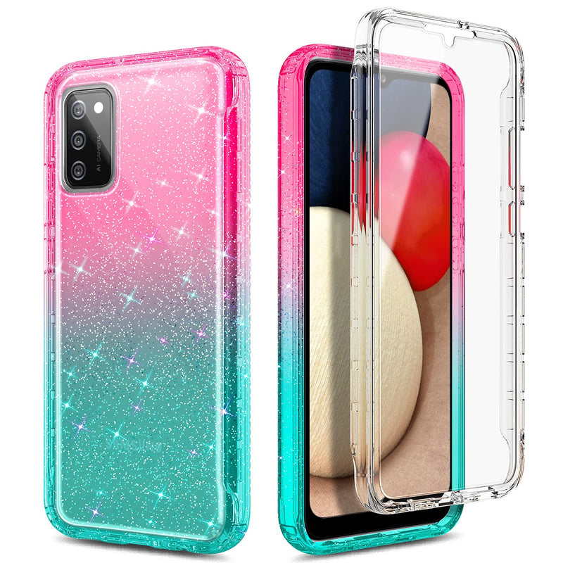 NZND Case for Samsung Galaxy A03S with [Built-in Screen Protector], Full-Body Protective Shockproof Rugged Bumper Cover, Impact Resist Phone Case (Glitter Pink/Aqua) Glitter Pink/Aqua