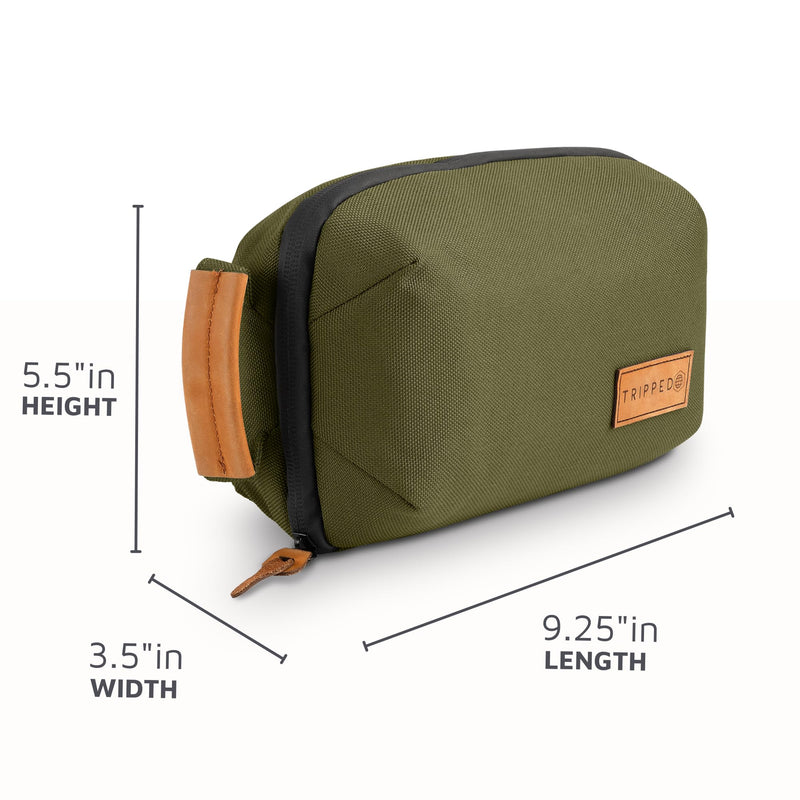 TRIPPED Travel Gear Tech Bag Organizer - Small Electronics Organizer Pouch for Travel - Premium Travel Case with Leather Accents - Mesh Pocket for Cables, Cords and Chargers Green