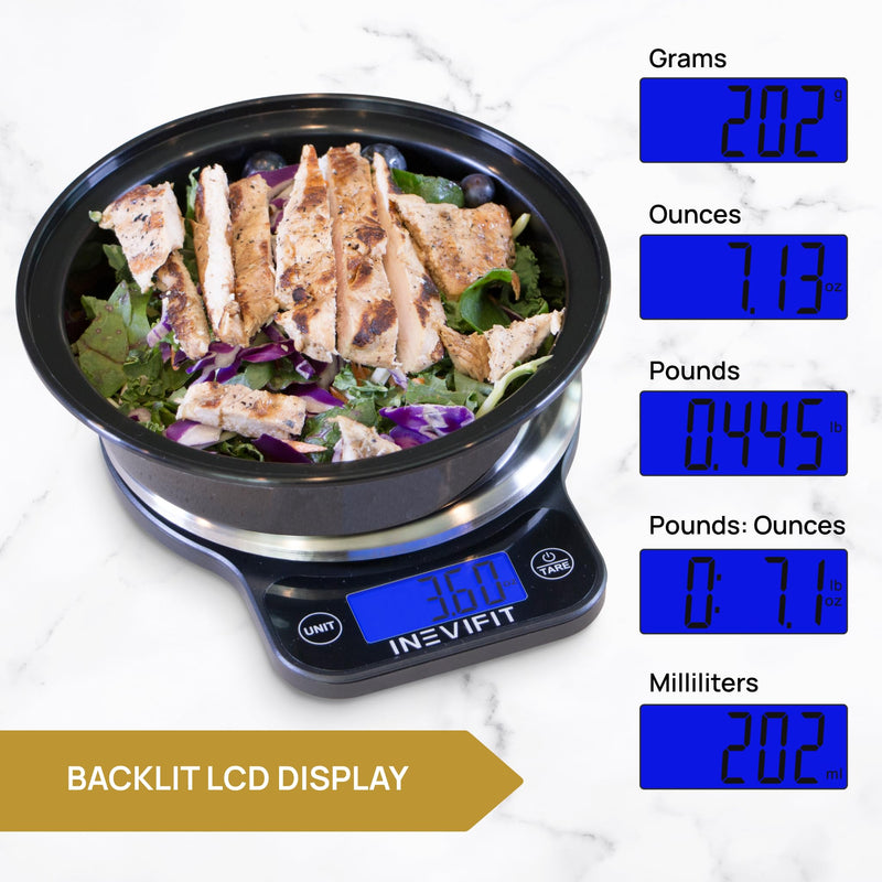 INEVIFIT Digital Kitchen Scale, Highly Accurate Multifunction Food Scale 13 lbs 6kgs Max, Clean Modern Black with Premium Stainless Steel Finish. Includes Batteries Black and Stainless Steel