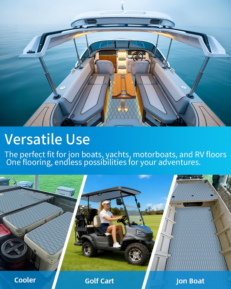 OCEANBROAD Diamond Boat Flooring with Self-Adhesive 96''x16''/38''/47'' | Double-layer, Non-Slip, 6 mm Eva Foam Marine Decking, Easy to Install, For Motor Pontoon Boats, RV Floor, Kayak, Surfboard Gray with Blue Lines 96''L x 16''W-10.67sqft