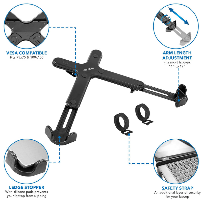 Mount-It! Laptop VESA Mount Tray for Monitor Arms – VESA Laptop Tray Fits Up to 17" Notebooks – Adjustable Holder with Safety Strap, Ventilated Cooling Design, and Secure Ledge Stopper (Black)
