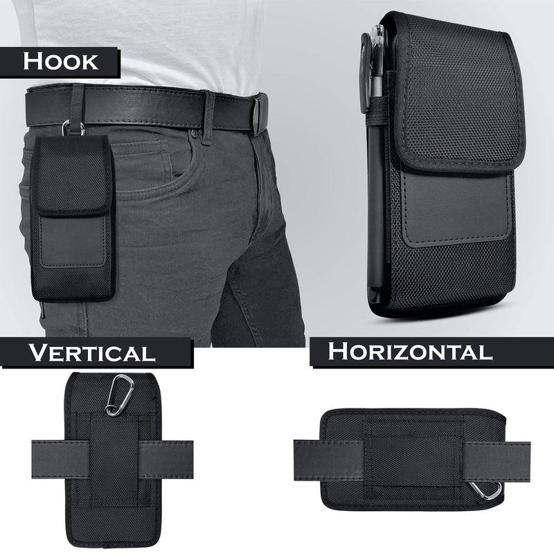 Cell Phone Pouch Belt Holster Case for iPhone 15, 15 Pro 14, 14 Pro 13 Pro, 13 12 Pro Xs X 11 XR Samsung Galaxy S24 S23 S22 S21 S20 S10 S9, ID Card Slot Holder (Fits Otterbox Commuter) Black Medium