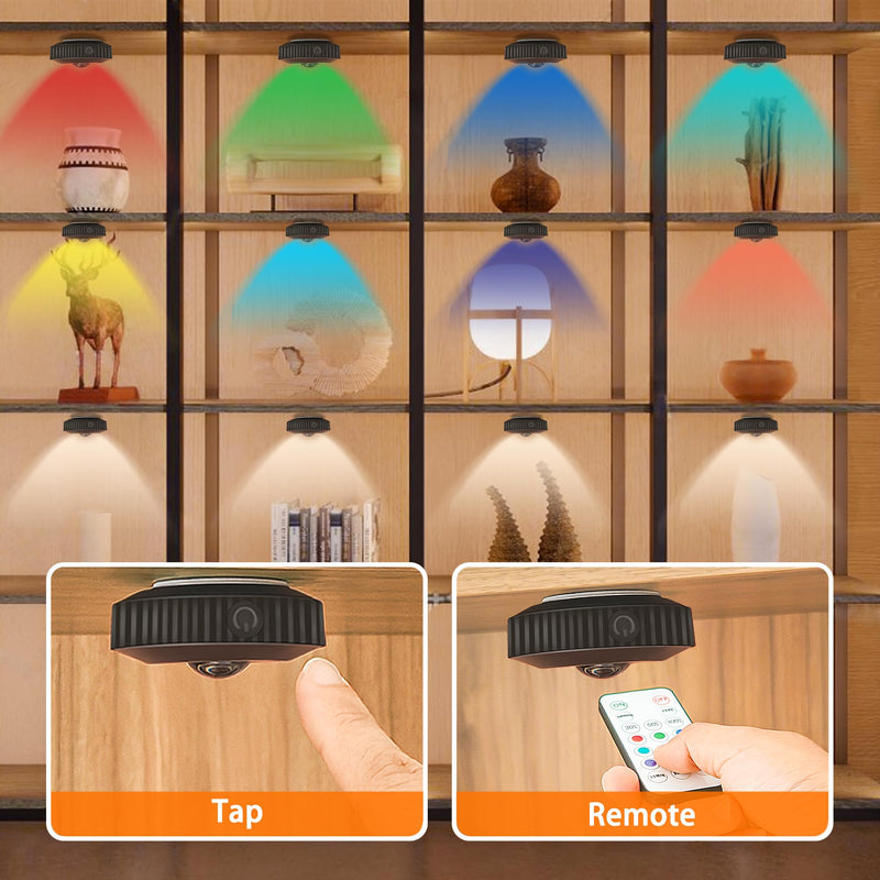 Zeadio LED Puck Cabinet Lights with Remote Control, Rechargeable Under Cabinet Lighting Stick on Tap Push Dimmable Push Lights for ‎Living Room, Bedroom, Storage Room etc (Pack of 6) Pack of 6