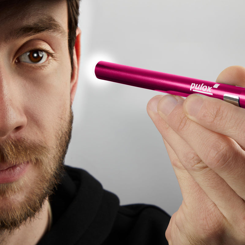Pulox Diagnostic Light Pink LED Penlight with Measuring Scale + Batteries | Medical pupil light made of aluminium, diagnostic pen lamp for practice, clinic and training