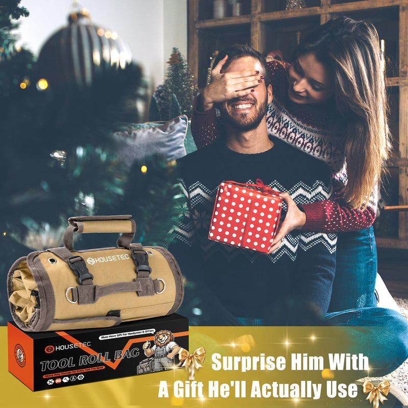 Roll Up Tool Bag-Gifts For Men Dad Husbands Him, Father's Day Birthday Gifts For Men, Heavy Duty Tool Organizer Bag With 2 Detachable Pouches &Wrench Roll Mechanic Carpenter (Khaki) Khaki
