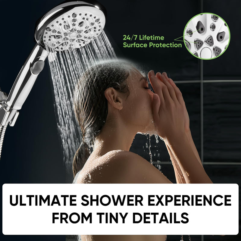 Cobbe 9-Function Shower Head with Built-in Power Spray, 1.8 GPM Water Saving ON/OFF Toggle Switch, High Pressure Handheld Showerhead with 1-Click Pause Button, Brass Bracket & 6ft Hose, Chrome
