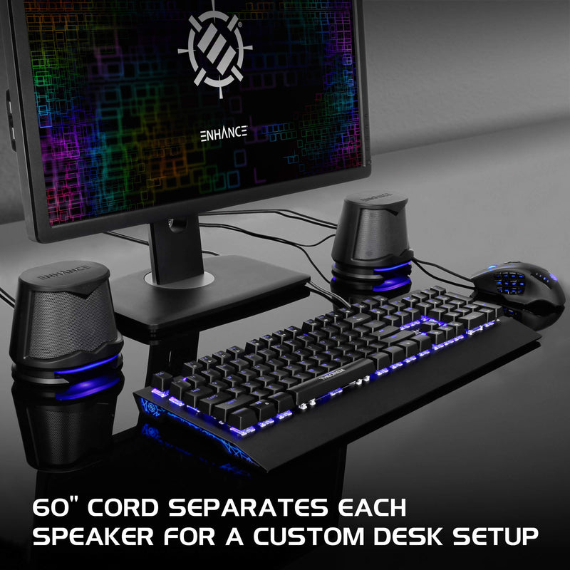 ENHANCE SB2 PC Speakers with Blue LED Glow Lights and 2.0 USB Powered Design - 10W Peak Sound, 3.5mm Wired Connection, in-Line Volume Control - Compatible with Gaming Desktop, Laptop, PC - Black
