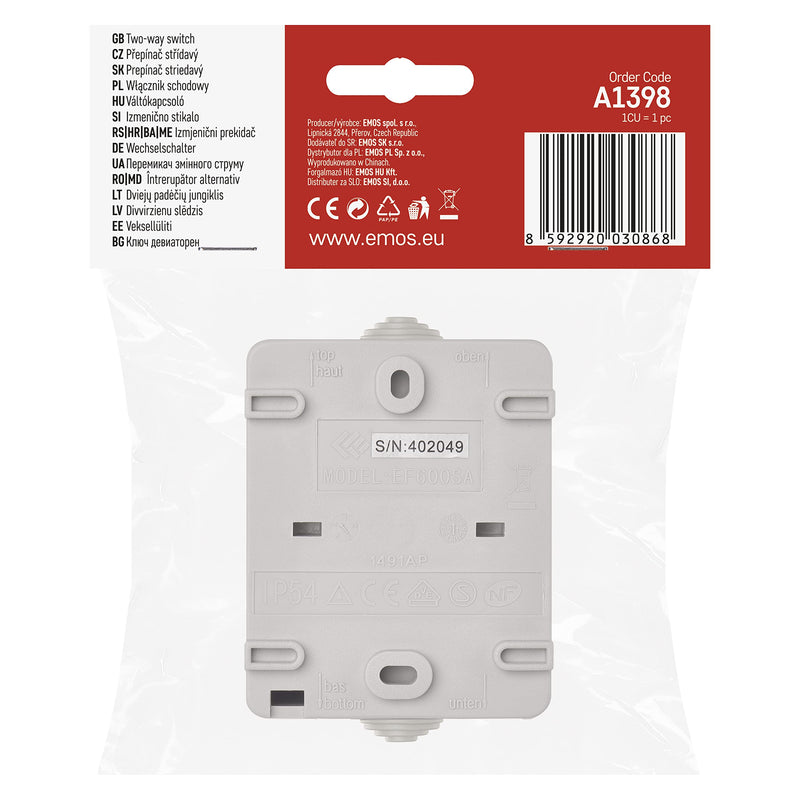 EMOS Waterproof Toggle Switch with Rocker Staircase Switch for Lighting, Grey/Black Colour, 250V~/10AX, Plastic, Surface Mounted, IP54 Outdoor