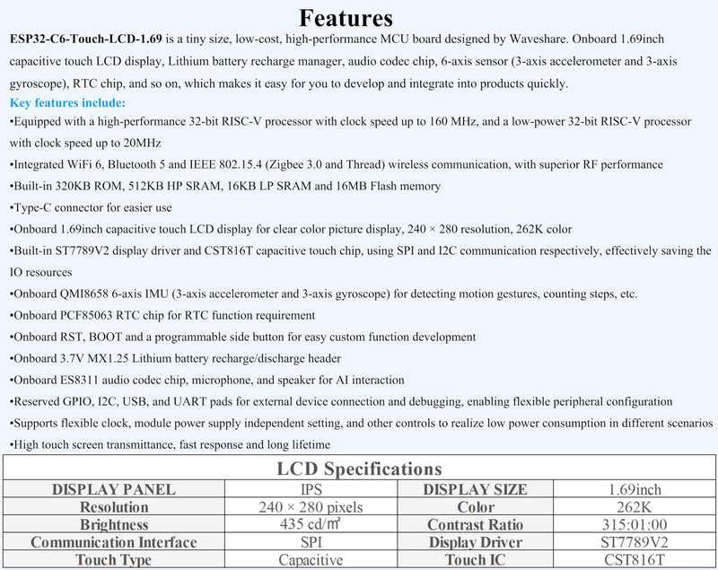 ESP32-C6 1.69inch Touch Display Development Board, 240x280 262K IPS LCD, Supports Wi-Fi 6 / BLE 5, 160MHz RISC-V Processor, ESP32 with Display, AI Speech, Support AI Voice Interaction, with Speaker