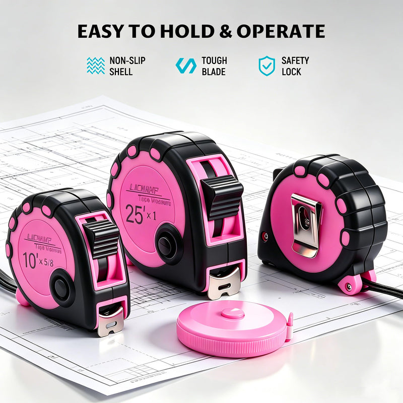 Lichamp Pink Tape Measure 4 Pack, with Soft Tape Measures, 10ft x 5/8in, 16ft x 3/4in, 25ft x 1in, 04MXPK