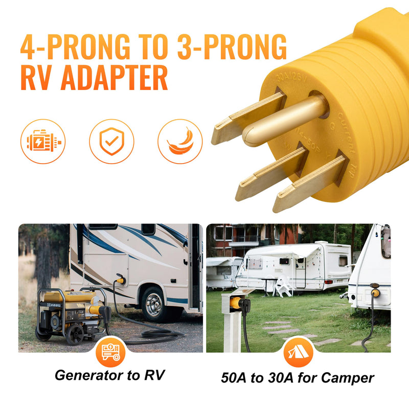 50 Amp to 30 Amp RV Adapter, NEMA 14-50P to NEMA TT-30R 50A Male to 30A Female RV Plug Adaptor Connector, 4 Prong RV Power to 3 Prong Electrical Converter for Travel Trailer Camper, 30A 125V