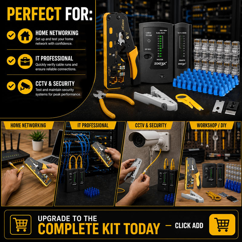 RJ45 Pass-Through Crimping Tool Kit for Cat7, Cat6, Cat5 – Includes Cable Tester, Wire Stripper, Cutter, 50 Cat6 Connectors & Strain Relief Boots – DIY Ethernet Network Tool 8 IN 1 Set
