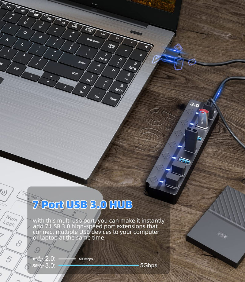 USB Hub 3.0, Eanetf 7 Port USB hub with LED Individual On/Off Switches and Extended Long Cable for MacBook, Mac Pro, Mac Mini, iMac, Surface Pro, XPS, PC