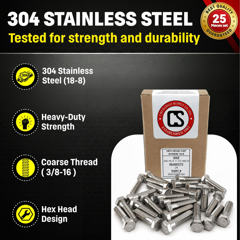 Chenango Supply 3/8-16 x 1-1/2" Stainless Steel Hex Head Bolts – 304 Stainless, USS Coarse Thread, 100,000–125,000 PSI Tensile Strength, Corrosion-Resistant Hardware Bolts, (25 Pieces, 3/8-16 x 1.5) 3/8-16 X 1-1/2"