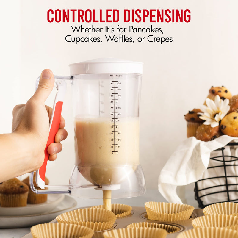 Kid Friendly Mess Free Pancake Cupcake Batter Dispenser Squeeze Handle for Precise Portion Control, Great for Waffles, Crepes | 4 Cup Capacity (White) White