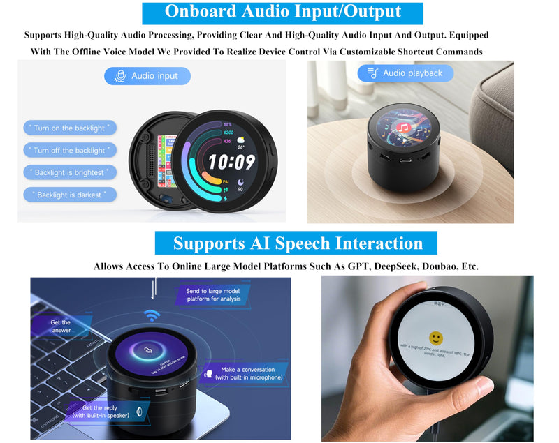 ESP32-S3 with 1.85inch Touch Round LCD Development Board, 360x360, Supports Wi-Fi & BLE 5, AI Speech, Smart Speaker Box,Supports AI Speech Interaction and Offline Voice Control, with 8Ω 2W Speaker