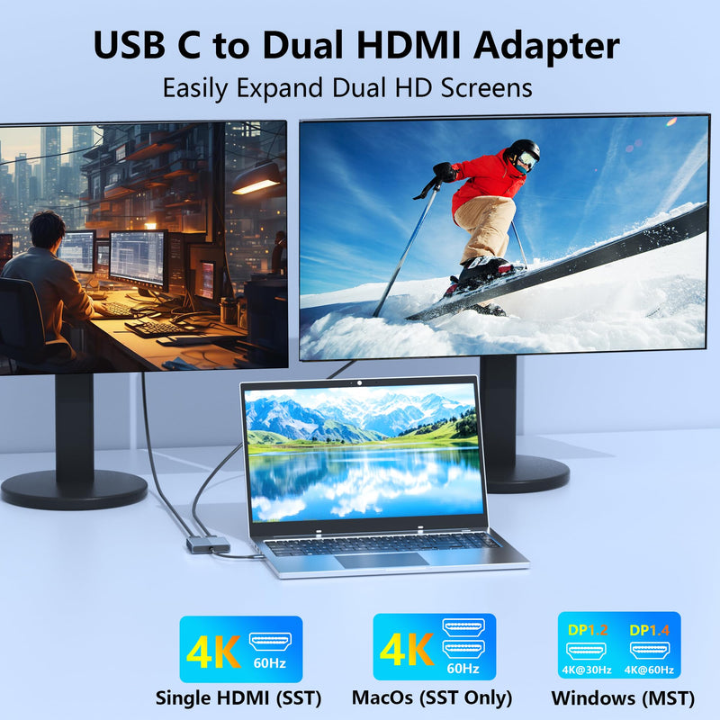 Dual HDMI Adapter for 2 Monitors, Double 4K@60Hz HDMI Splitter for dual monitors, Dual Monitor Adapter, hdmi Splitter Extended Display, USB C Laptop Docking Station Dual monitor for Dell/Mac/HP/Lenovo Dual HDMI Port 4K@60Hz