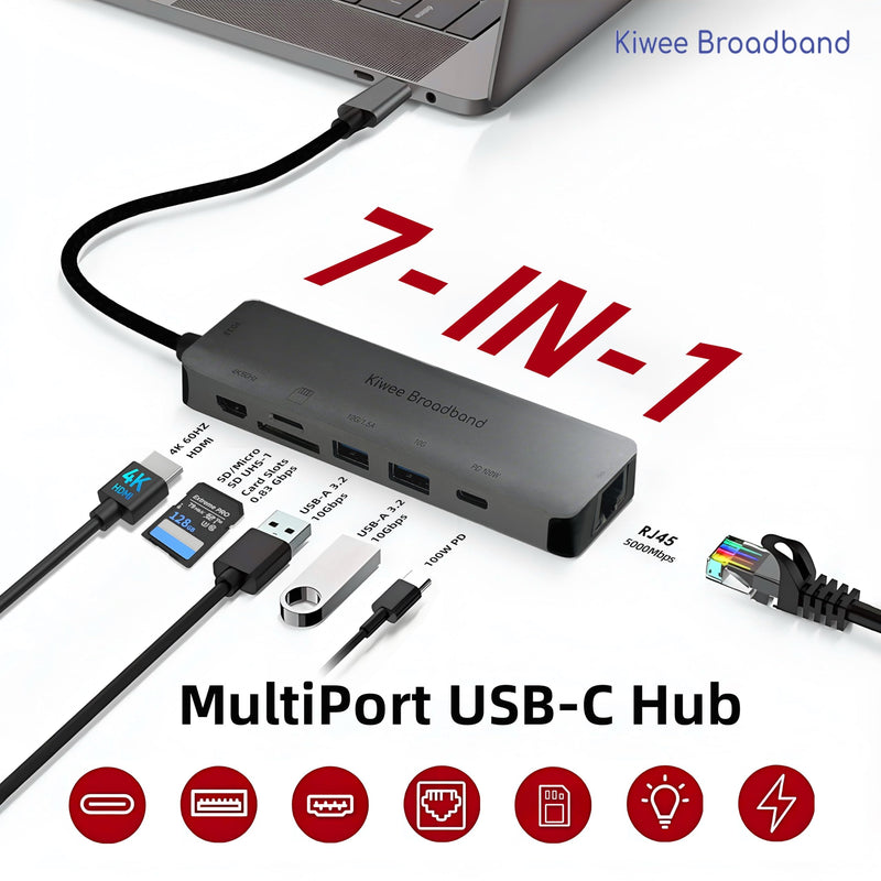Kiwee Broadband 7-in-1 USB-C Hub with 5Gbps Ethernet, 100W PD Charging, 4K HDMI, 2 USB-A 3.2 Ports, SD/MicroSD Card Reader, Universal Dock for MacBook, Windows Laptop, iPad, Chromebook (KB-USBC-5GH7) KB-USBC-5GH7